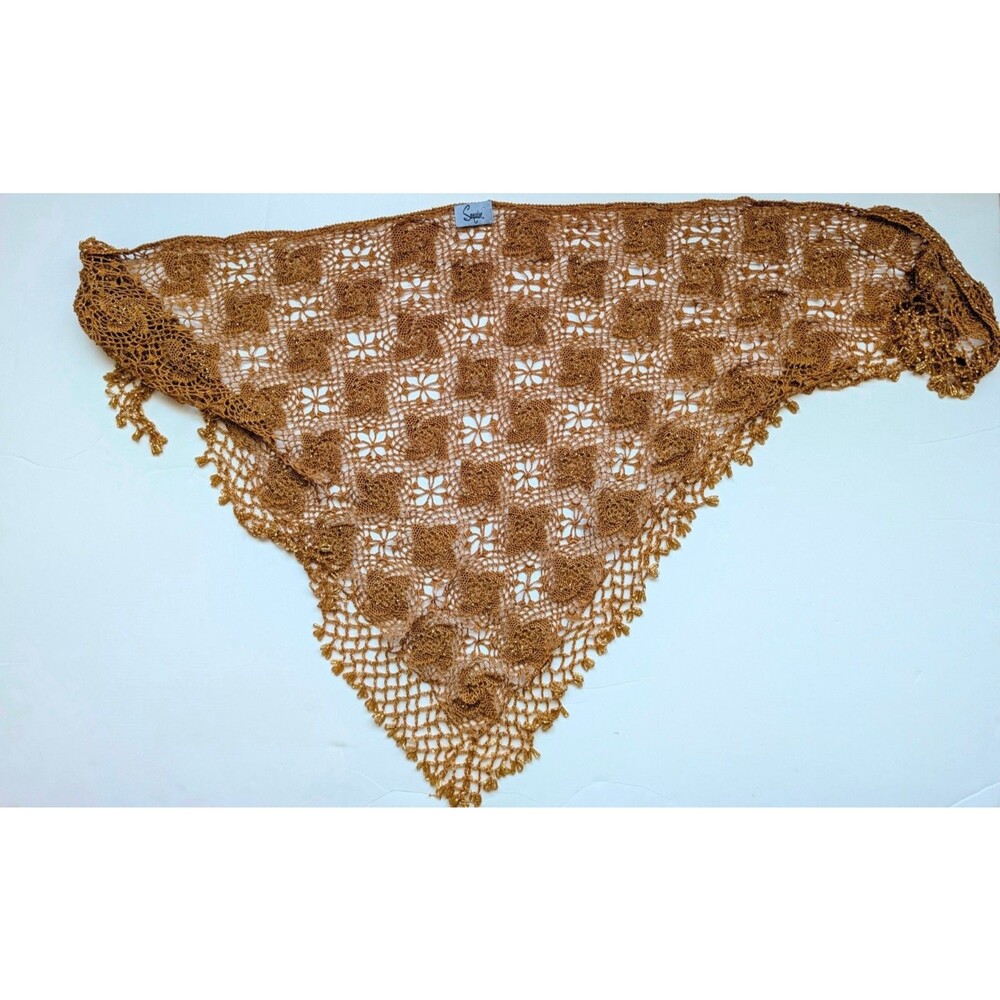 Sequin Metallic Gold Beaded Crochet Triangle Shawl Scarf Fringe Rayon Wrap